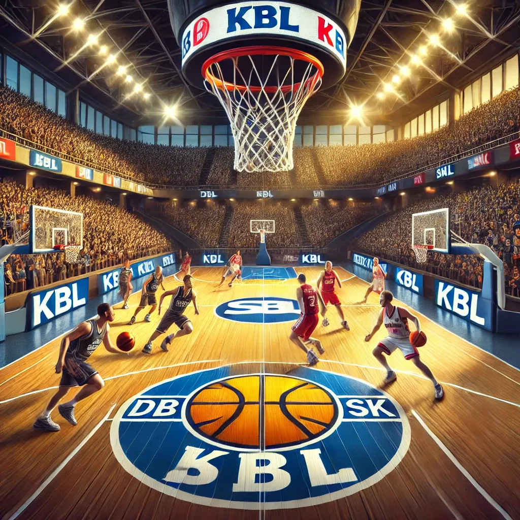 A professional basketball match between DB and SK teams, featuring players in action, capturing the intensity of the game.