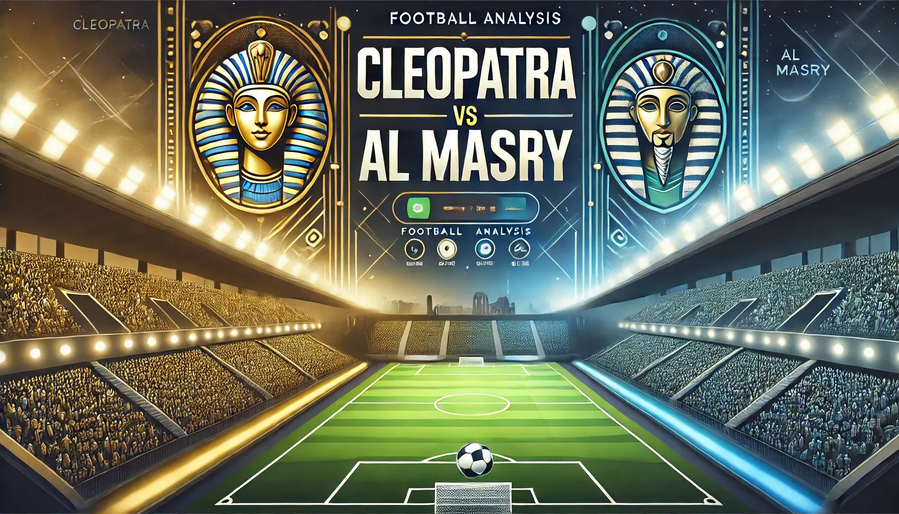 Cleopatra vs Al Masry 경기 분석 배너 - 축구 경기장 배경과 두 팀의 로고, 황금과 파란색으로 상징되는 클레오파트라와 녹색과 흰색으로 상징되는 알 마스리