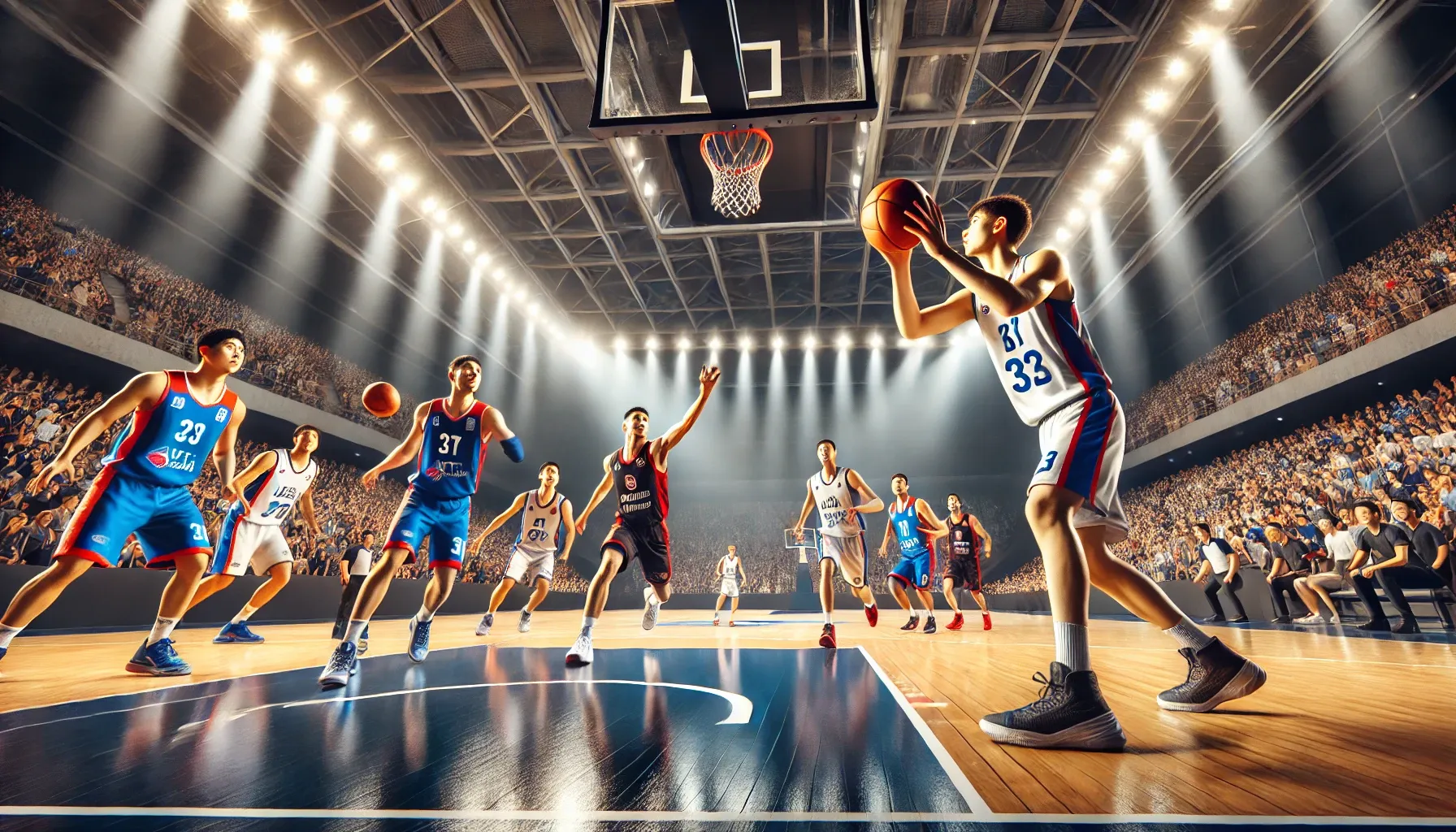 A dramatic basketball game between KT Sonicboom and Ulsan Hyundai Mobis. KT players in blue and white jerseys and Mobis players in red and black jerseys are competing actively in a modern indoor arena, with a player attempting a three-point shot while defenders try to block. The crowd cheers under bright arena lights.