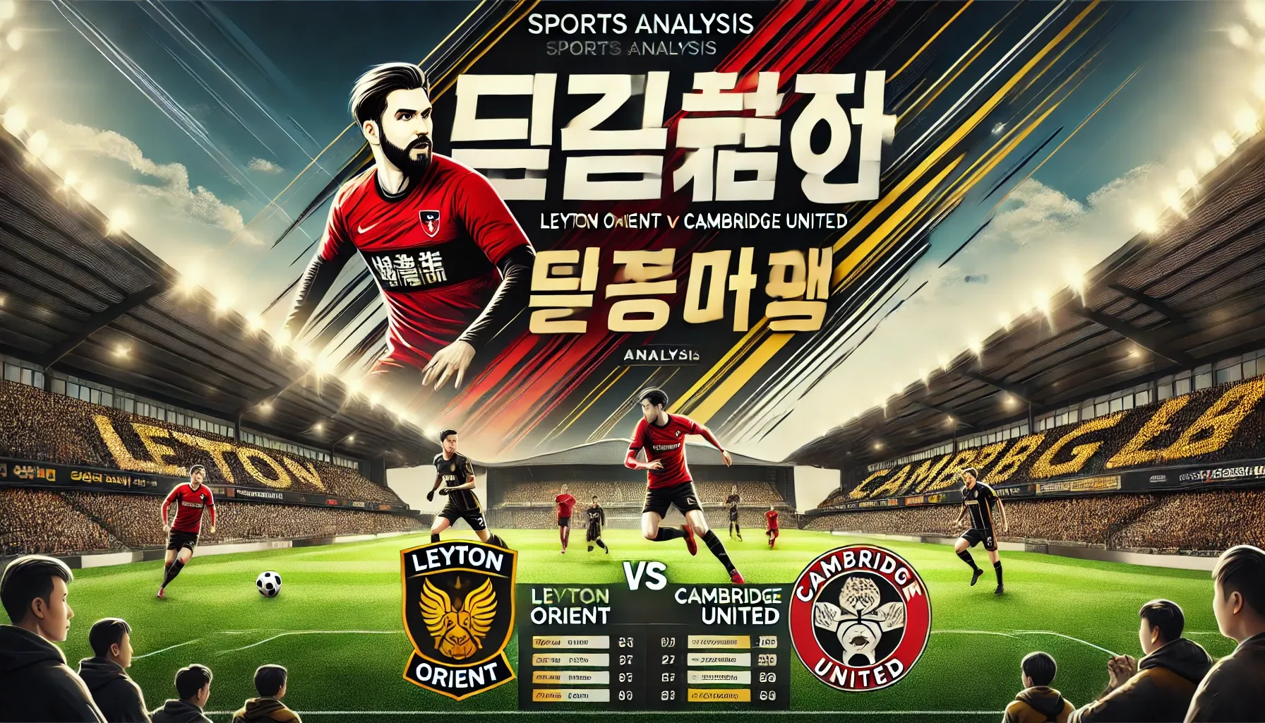 레이턴과 캠브리지 유나이티드의 축구 경기 분석 배너 이미지. 경기장 배경과 두 팀의 역동적인 플레이를 강조한 디자인. 