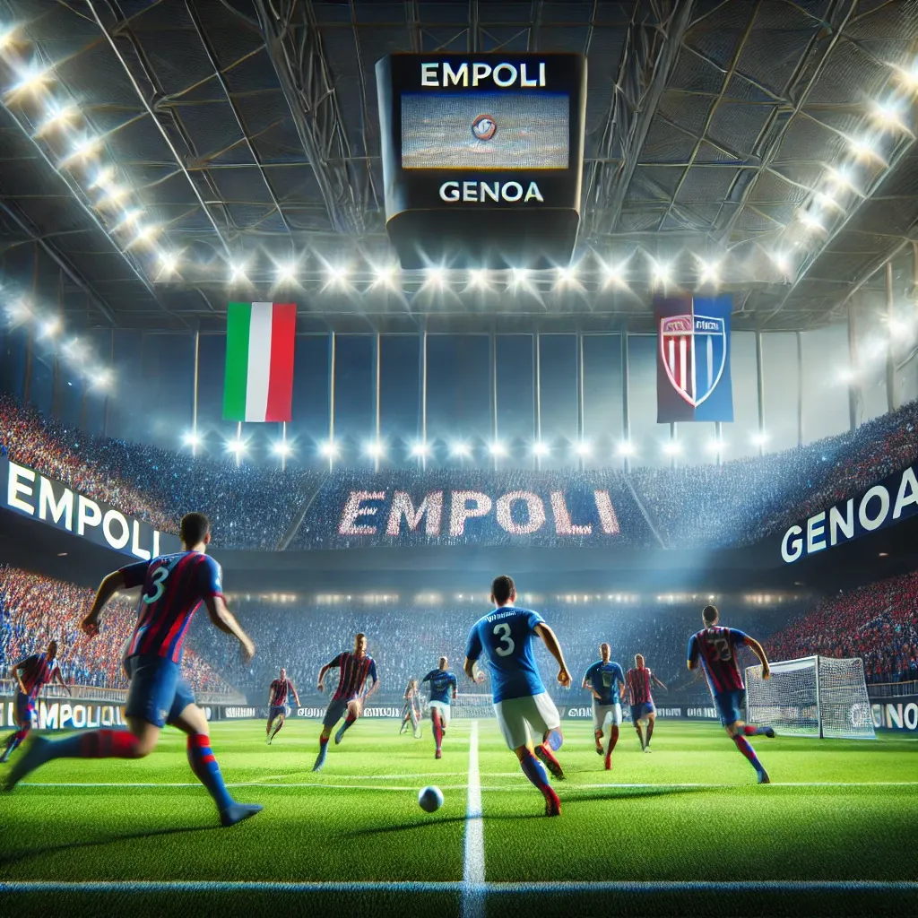 A high-stakes soccer match between Empoli and Genoa in a modern stadium with vibrant lights, cheering fans, and intense action. Empoli players in blue jerseys face Genoa players in red and blue striped jerseys, capturing the competitive energy and excitement of the game.