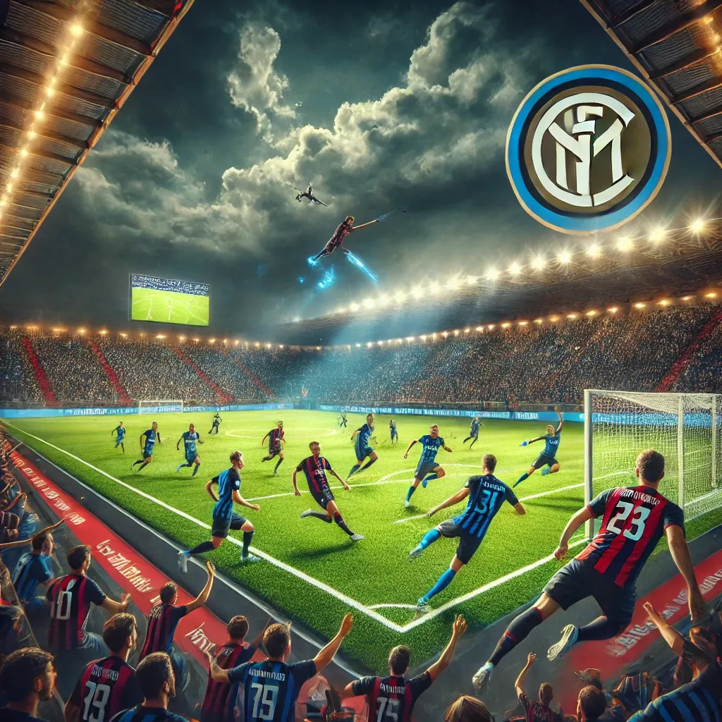 A dynamic soccer match between Cagliari Calcio and Inter Milan in a vibrant stadium. Inter Milan players in blue and black kits dominate the field against Cagliari players in red and blue kits, with fans cheering passionately in the stands under bright stadium lights. A dramatic goal attempt adds to the competitive energy of the game.