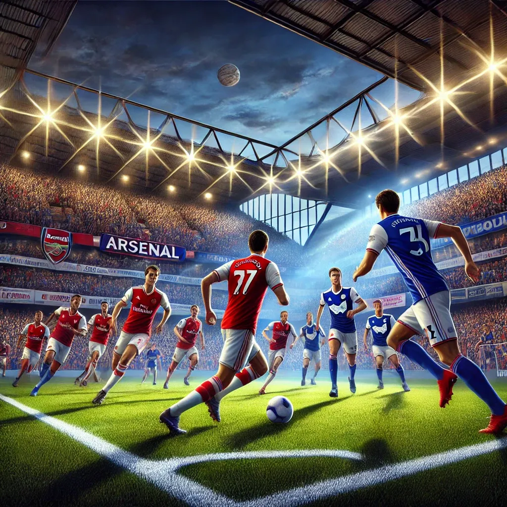 Arsenal FC and Ipswich Town football teams ready for action on the field, featuring detailed lineups and a vibrant stadium atmosphere. Perfect depiction of a Premier League match preview.