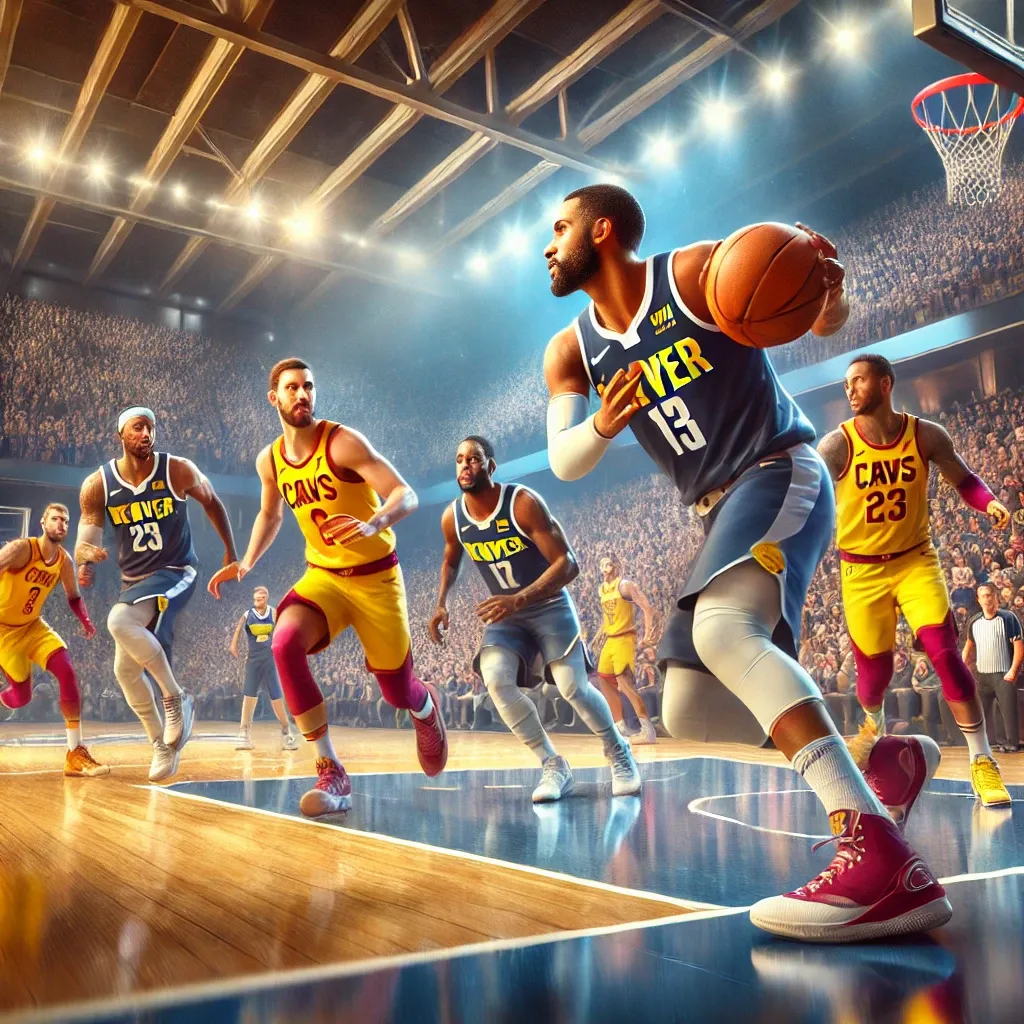 A dynamic basketball game featuring Denver Nuggets and Cleveland Cavaliers players in action, showcasing intense competition and athletic performance on the court.