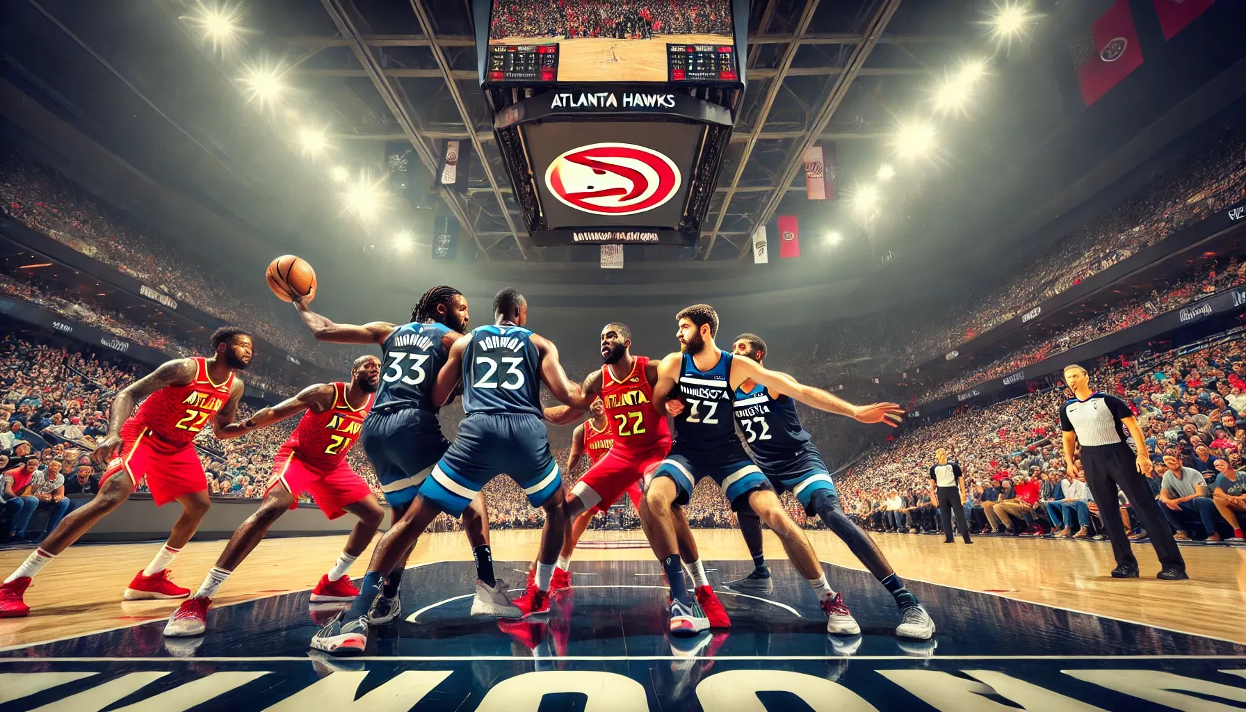 A defensive-focused basketball game between Atlanta Hawks and Minnesota Timberwolves. Atlanta players in red and white jerseys and Minnesota players in navy blue and green jerseys are battling for possession in a tense and strategic matchup under bright arena lights.