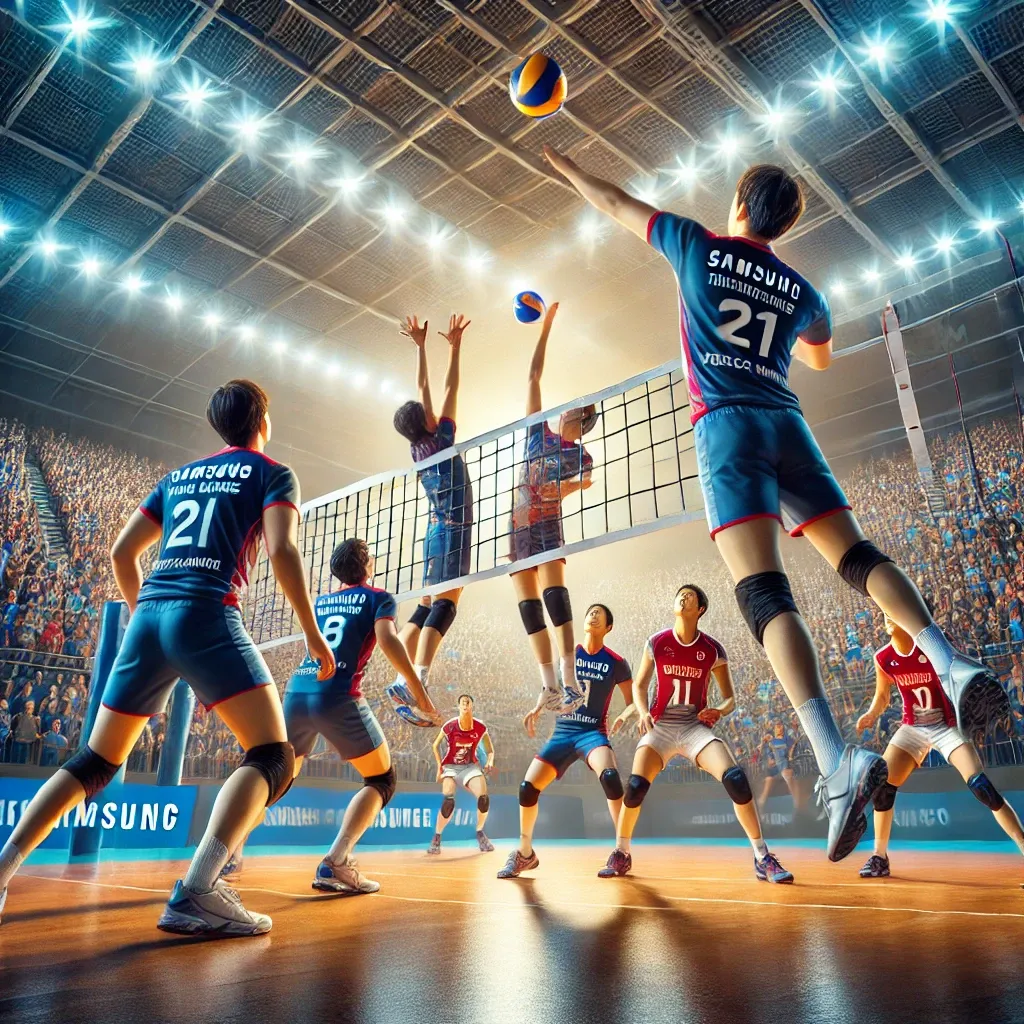 A volleyball match featuring two professional teams in action, highlighting intense gameplay and competitive spirit.