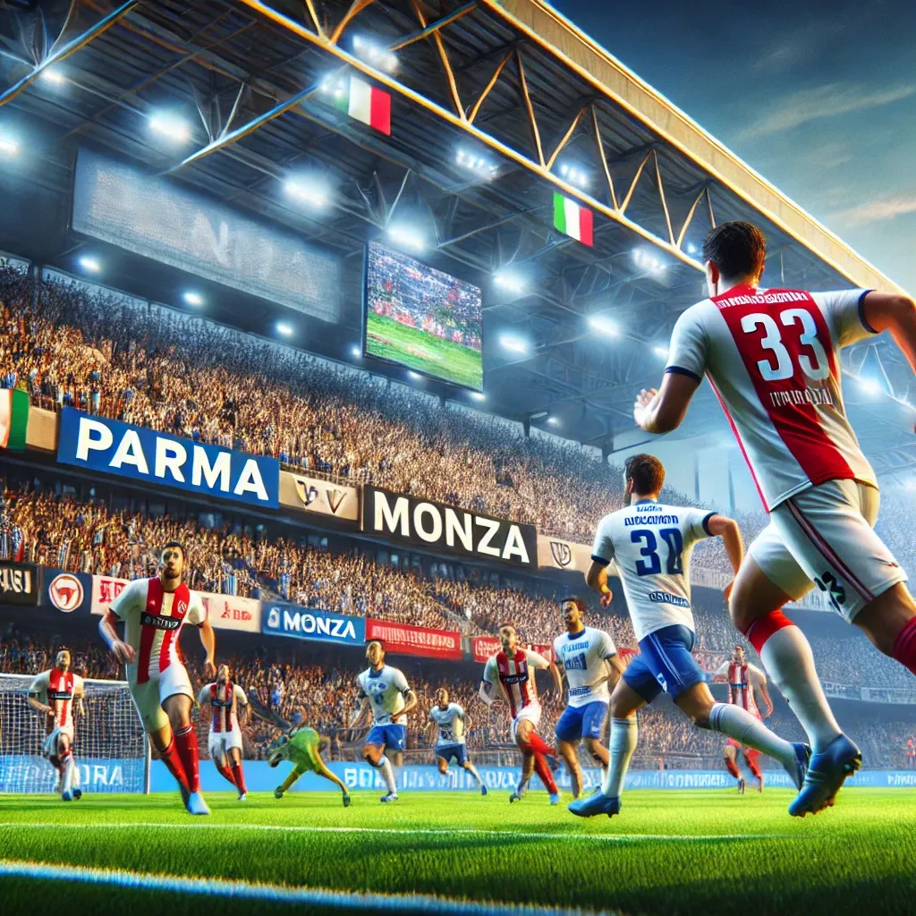 A competitive soccer match between Parma and Monza in a vibrant stadium. Players in Parma