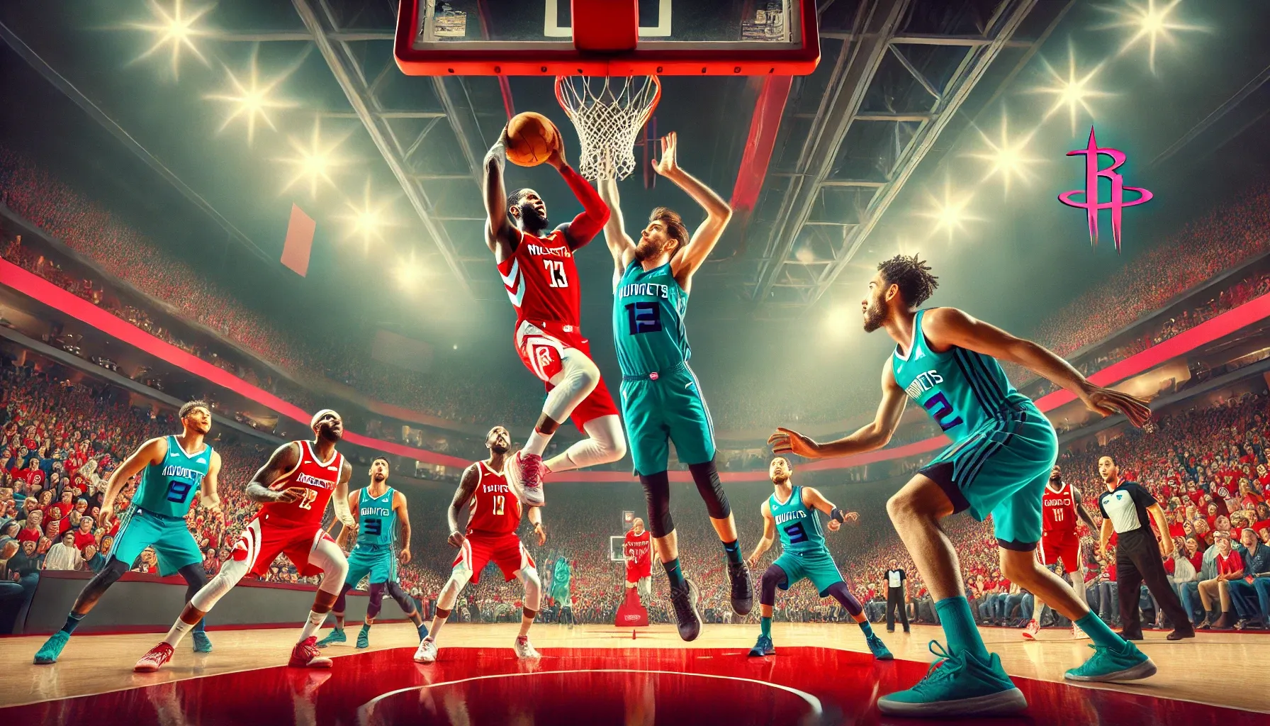 A competitive basketball game between Houston Rockets and Charlotte Hornets. Houston players in red and white jerseys and Charlotte players in teal and purple jerseys are competing intensely, with a player attempting a dunk and defenders positioned to block. Fans cheer in a vibrant indoor arena atmosphere under bright lights.