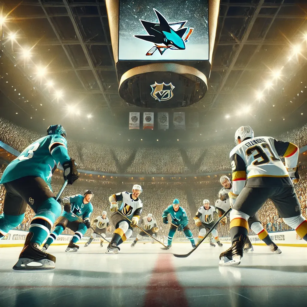 Exciting ice hockey game between San Jose Sharks and Vegas Golden Knights, featuring intense action on the ice, with players competing fiercely for the puck in a packed arena.