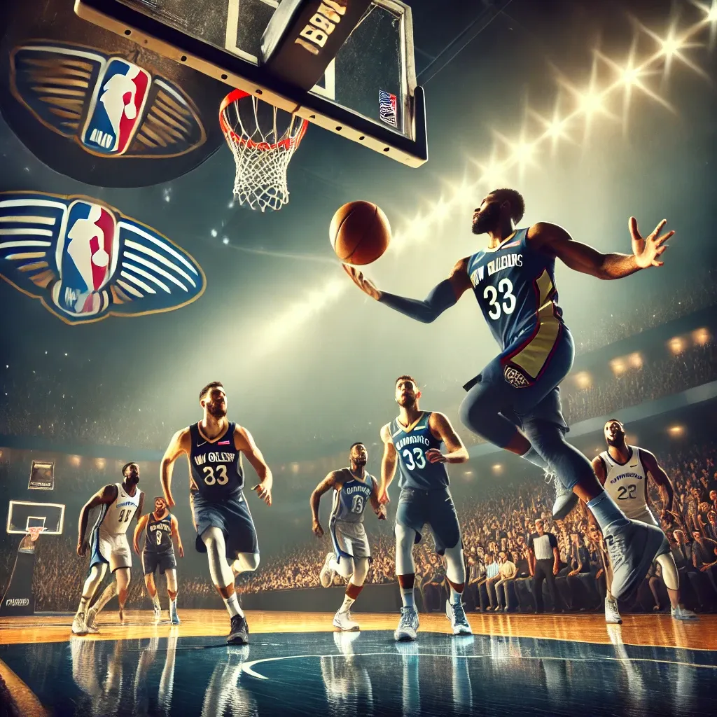 Detailed and dynamic basketball game between New Orleans and Memphis, showcasing players in action on the court with intense gameplay and a competitive atmosphere.