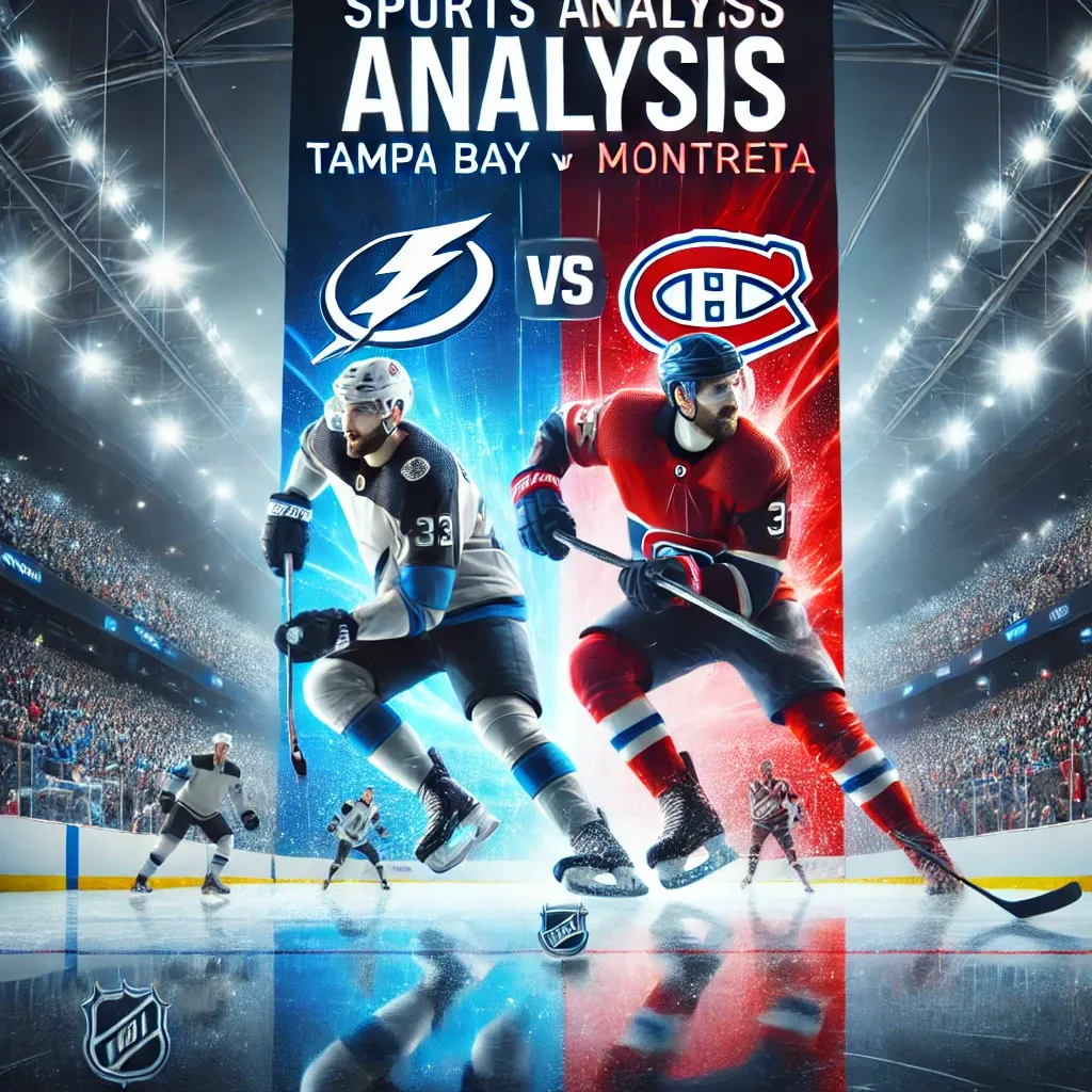 Tampa Bay vs Montreal sports analysis banner featuring an icy arena, cheering fans, and players in action, emphasizing a competitive ice hockey match.