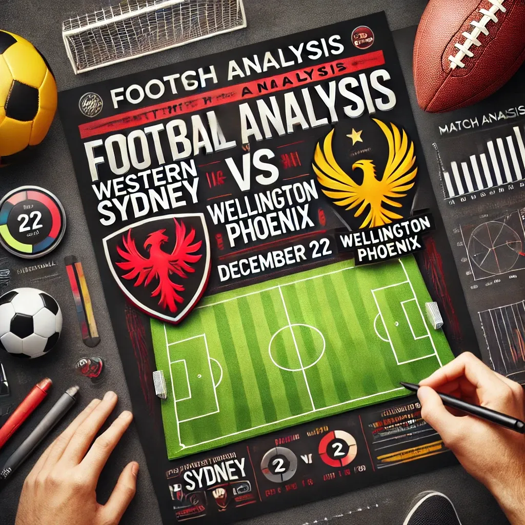 Western Sydney vs Wellington Phoenix football match analysis, December 22. A detailed sports graphic featuring team logos, match details, and a football pitch design.