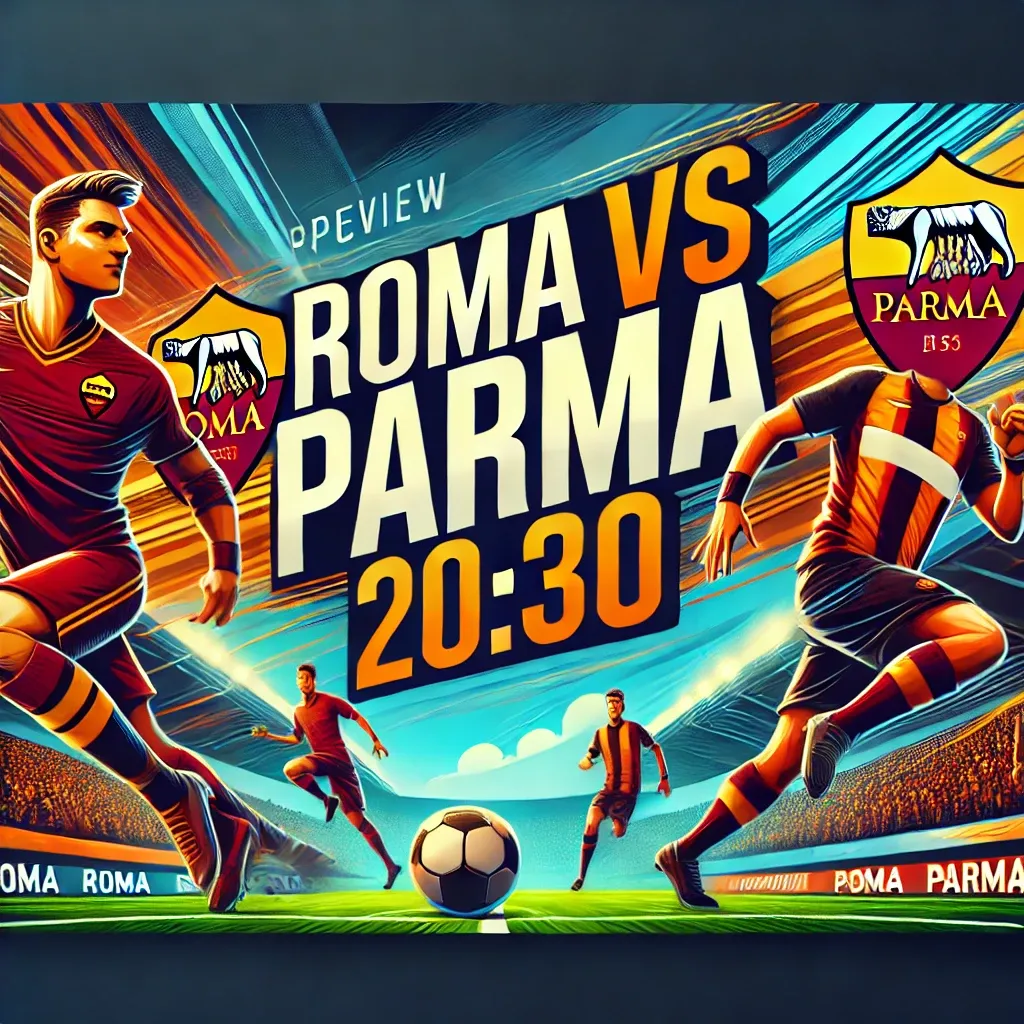 Roma vs Parma 경기 분석 배너, 축구 경기 중계, 로마와 파르마의 축구 매치 프리뷰, 20:30 경기 시작, 열광적인 팬들과 경기장의 생동감 넘치는 분위기