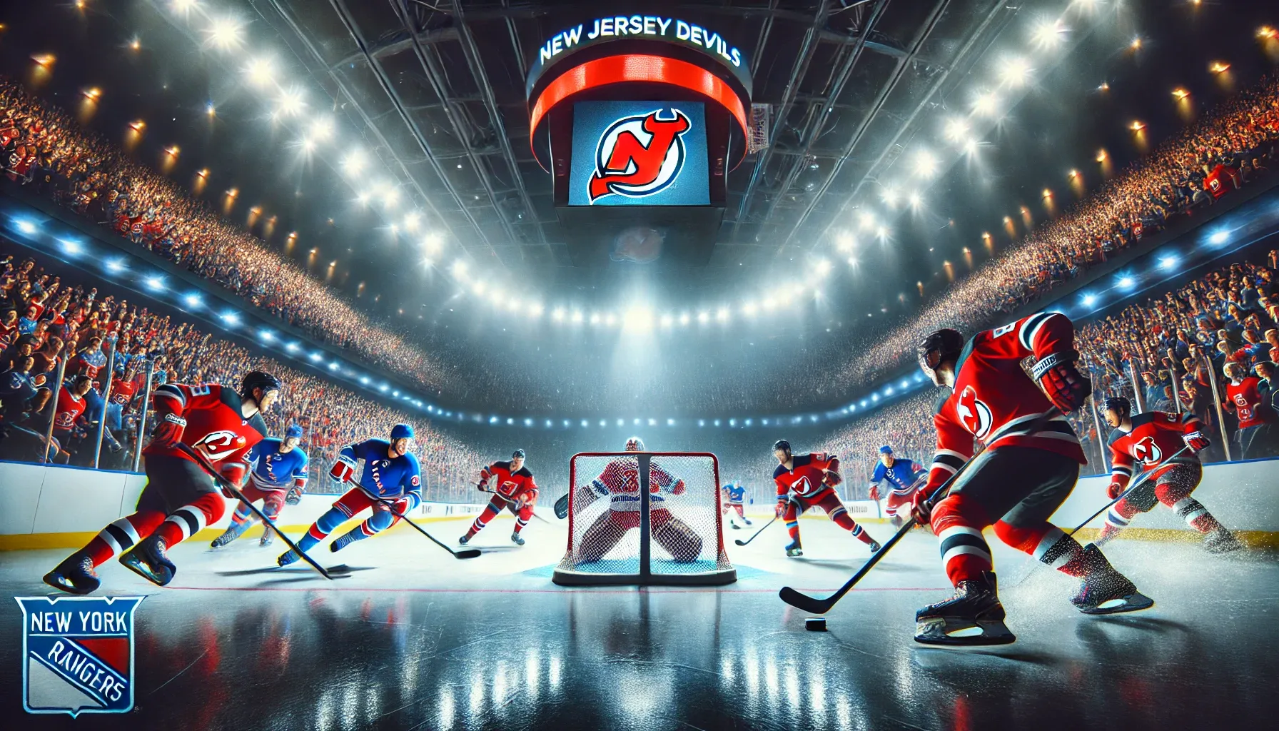 An intense ice hockey game between New Jersey Devils and New York Rangers. Players are skating fast, with a goalie making a crucial save and the puck in mid-air, in a packed arena under bright stadium lights.