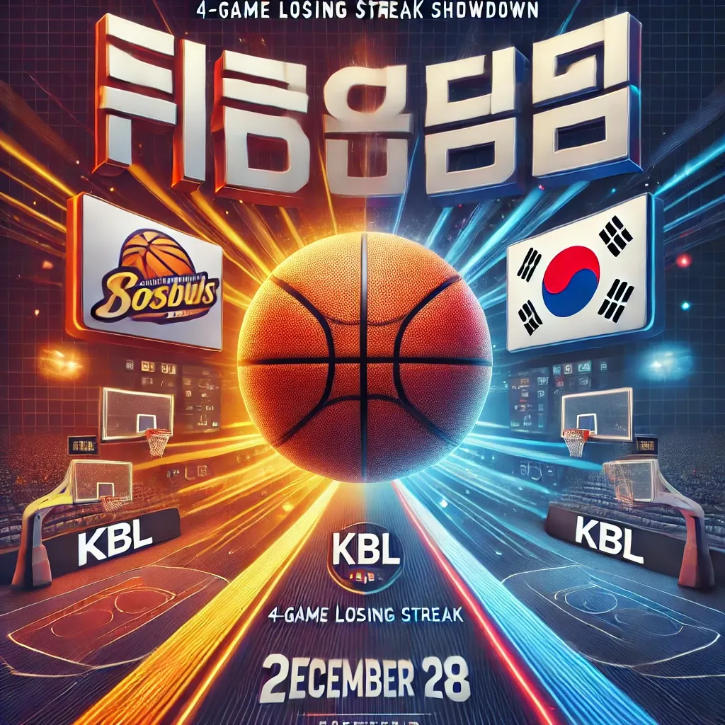 KBL 정관장과 서울 삼성의 농구 경기 포스터, 두 개의 농구공과 코트 배경, 12월 28일 경기와 4연패 탈출전을 강조한 디자인