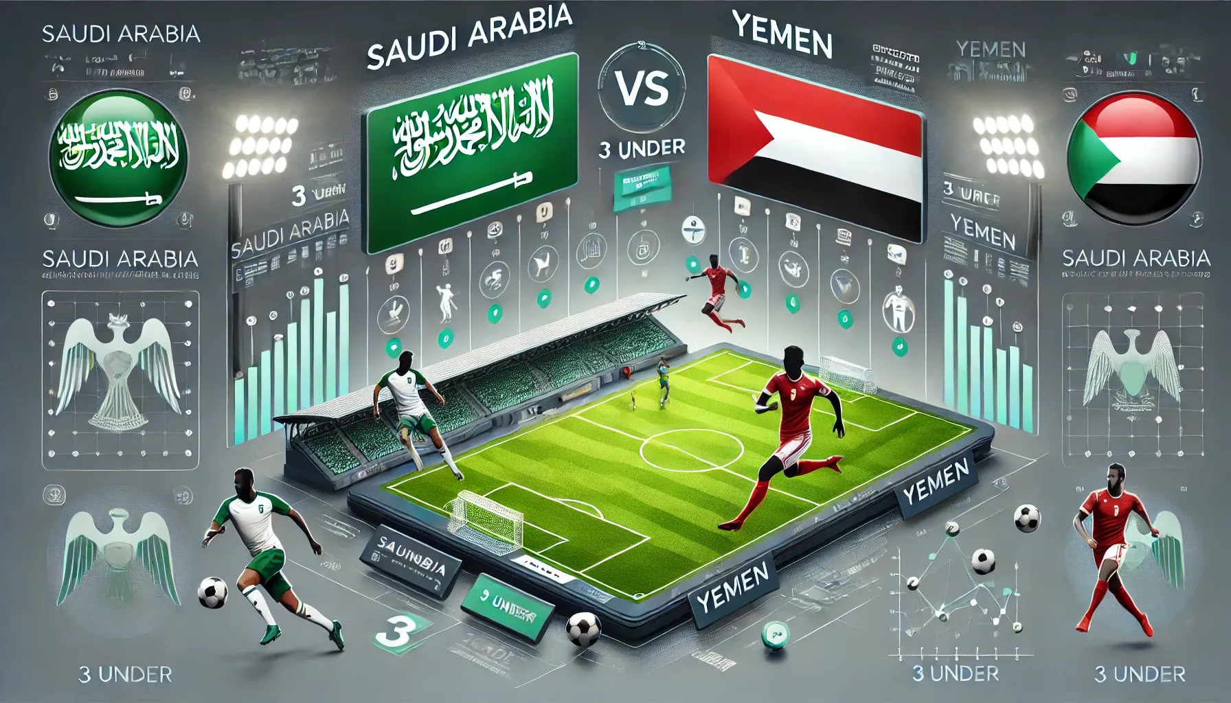 사우디아라비아 vs 예멘 축구 경기 분석 이미지 - 축구 경기장, 팀 로고, 3 언더 배팅 전략, 데이터 차트 포함, 사우디의 초록과 흰색, 예멘의 빨강과 흰색 테마