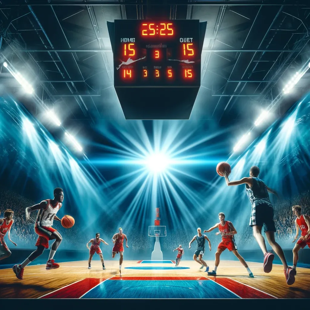 A dynamic basketball match scene with players in red and blue uniforms competing on a professional indoor court, under bright arena lights and with a cheering crowd in the background.