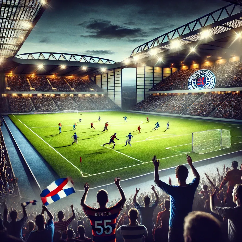 A dramatic football match scene between St. Mirren and Rangers, featuring players competing under bright stadium lights with cheering fans in the background.