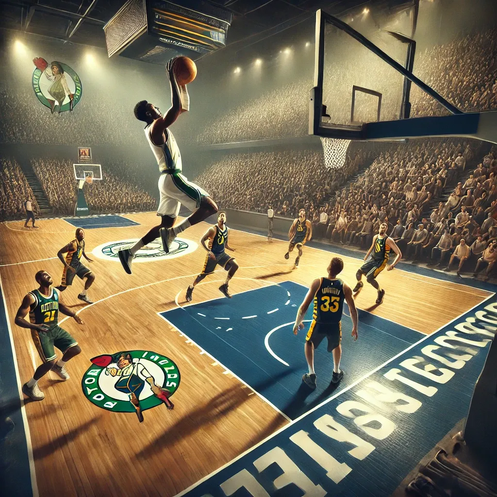 Detailed illustration of Boston Celtics vs Indiana Pacers basketball game, showcasing dynamic gameplay and competitive spirit.