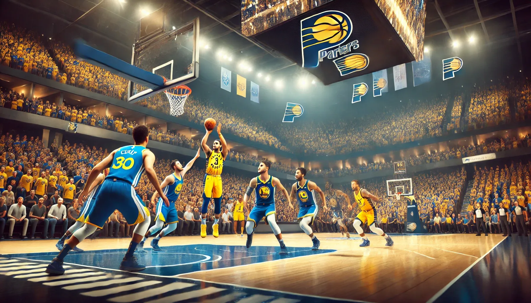 A competitive basketball game between Indiana Pacers and Golden State Warriors. Indiana players in blue and yellow jerseys and Golden State players in blue and gold jerseys are competing in a key moment, with Stephen Curry attempting a three-point shot while defenders close in, under bright arena lights with cheering fans.