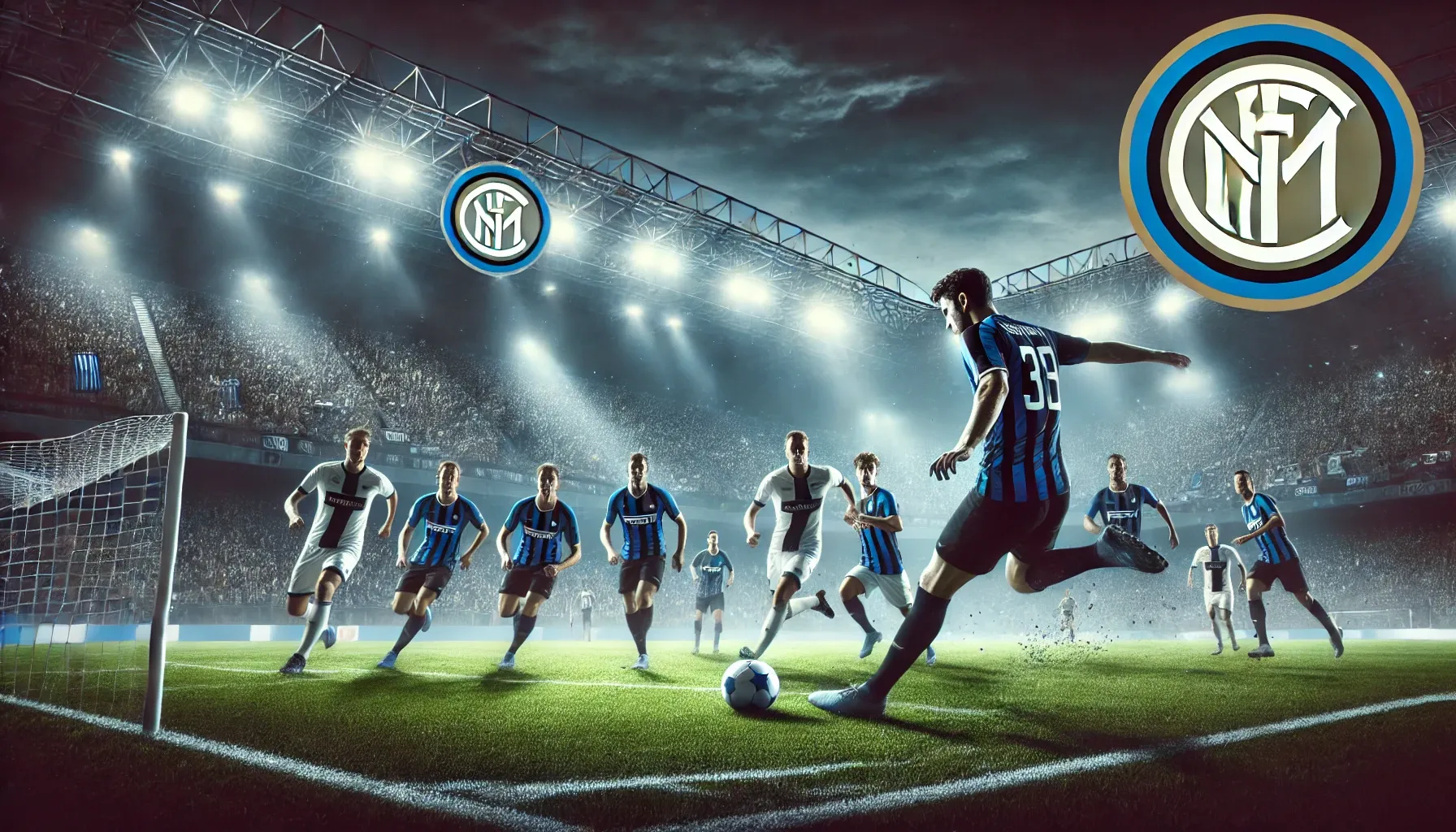 Inter Milan vs Como football match at night, intense action on the pitch with a player attempting a goal, surrounded by cheering fans in a brightly lit stadium.