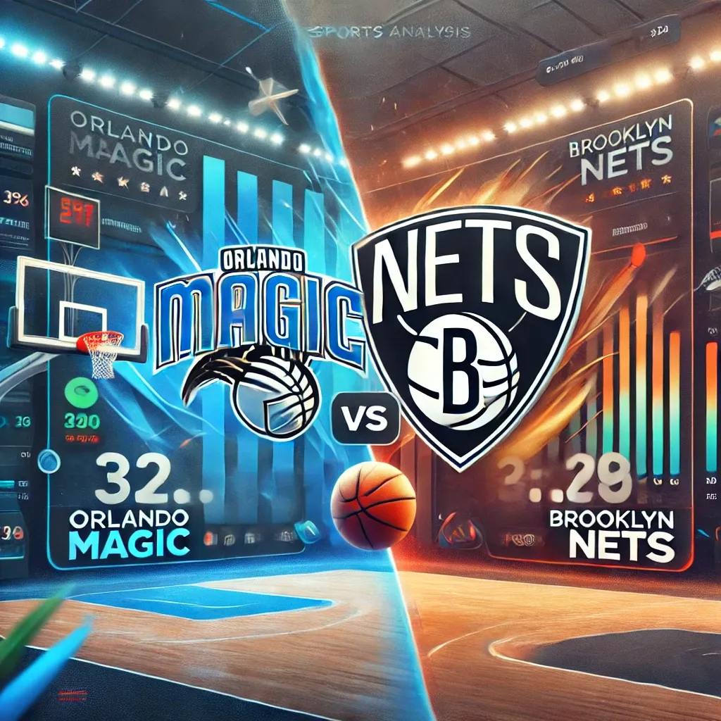 Orlando Magic와 Brooklyn Nets의 경기 분석 배너 이미지 - 팀 로고와 경기 하이라이트 구성