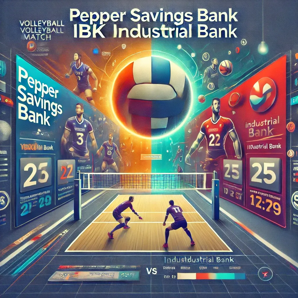 Detailed sports graphic illustrating a match analysis between Pepper Savings Bank and IBK Industrial Bank in the KOVO volleyball league. Includes team stats, player performance, and predictions for the game.