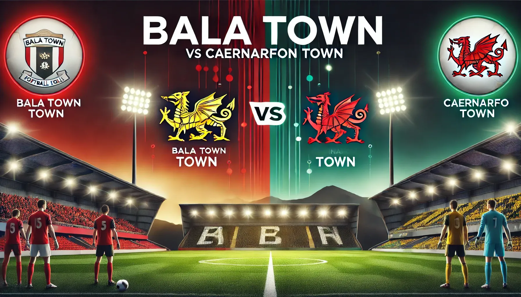 Bala Town vs Caernarfon Town 경기 분석 배너 - 축구 경기장 배경과 팀 로고