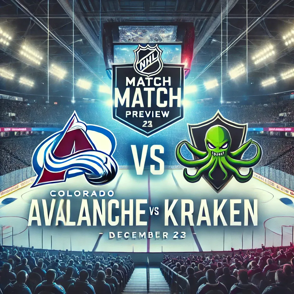 12월 23일 콜로라도 애벌랜치 vs 시애틀 크라켄 NHL 경기 프리뷰 배너, 23:00 경기 시작, 아이스하키 경기 분석, 콜로라도와 시애틀의 맞대결, 에너지 넘치는 하키 팬들과 경기장의 활기찬 분위기