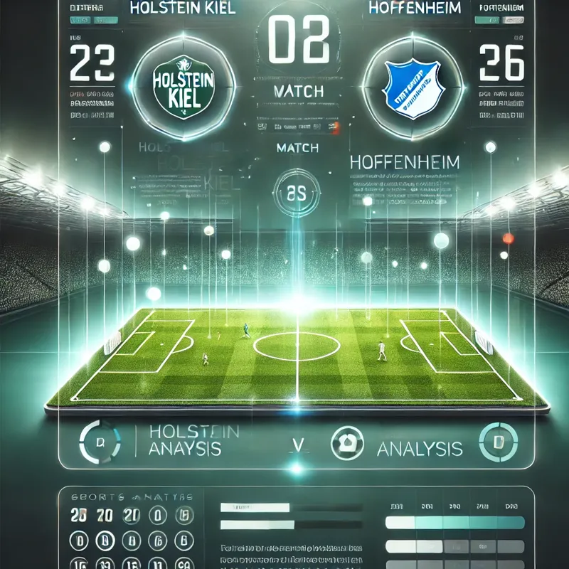 Holstein Kiel vs Hoffenheim match analysis graphic with football pitch, glowing elements, and a professional design. Ideal for sports insights and predictions.