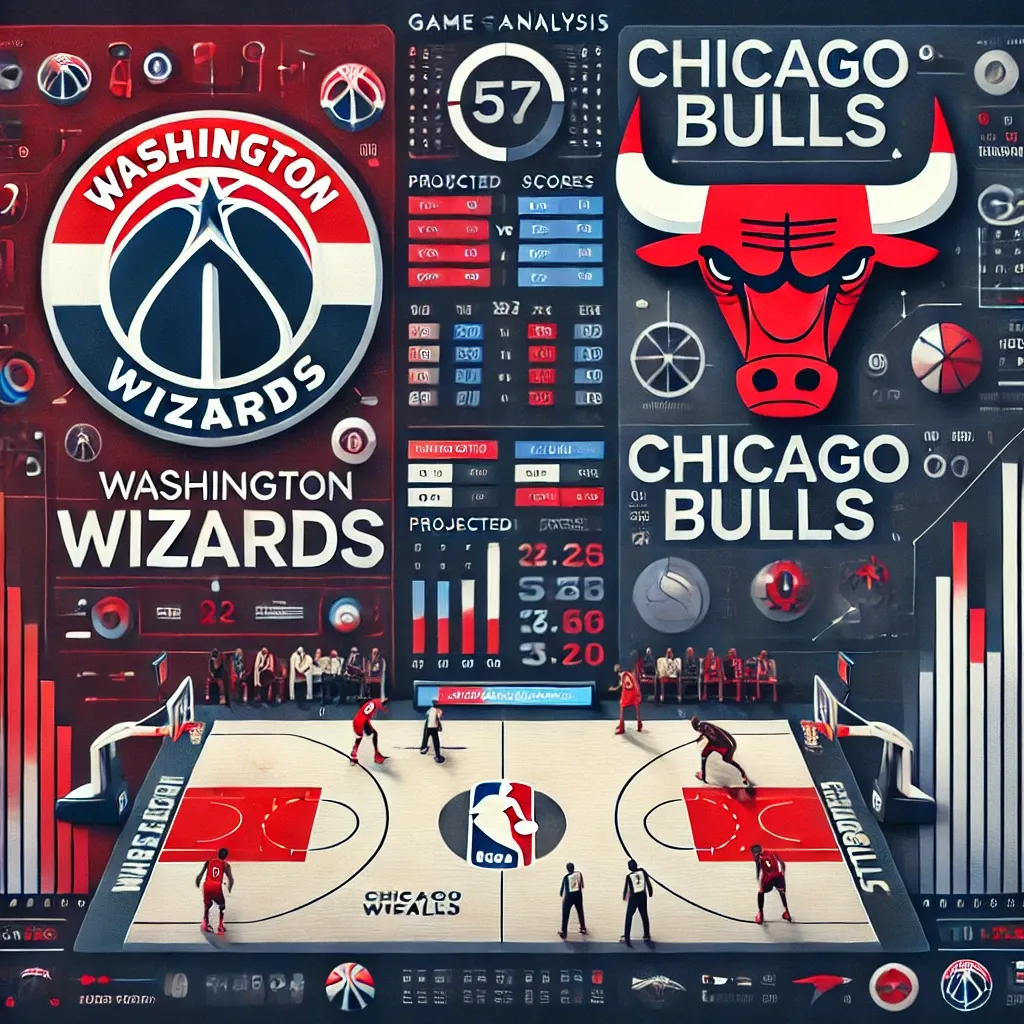 Washington Wizards vs. Chicago Bulls game analysis illustration, highlighting team logos, basketball court visuals, and analytical elements in team colors for professional insights