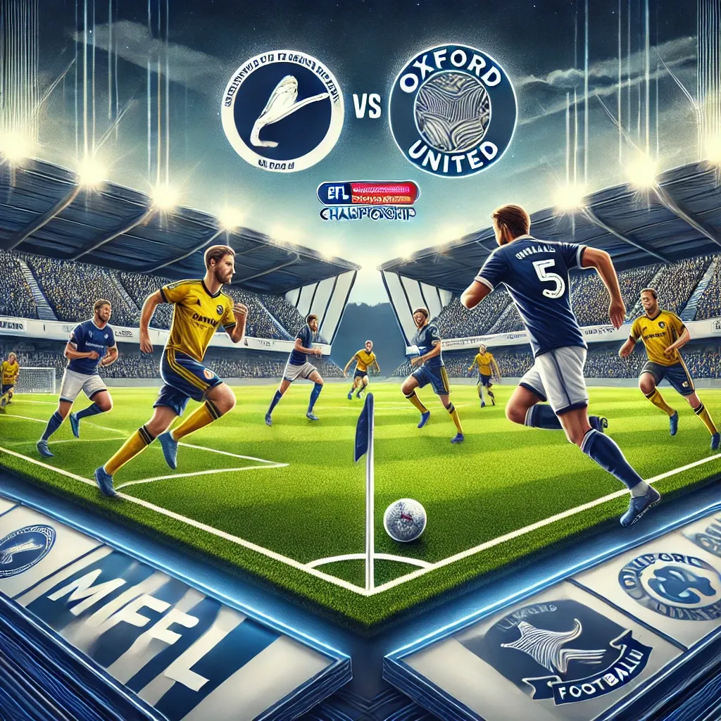 EFL Championship match illustration featuring Millwall and Oxford United. Players in action on a modern football pitch with a professional stadium background, emphasizing intensity and competitive atmosphere under bright stadium lights.