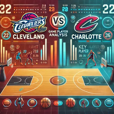 Cleveland Cavaliers와 Charlotte Hornets 간의 농구 경기 분석을 시각적으로 보여주는 그래픽 디자인 이미지, 주요 통계와 코트 전경을 포함