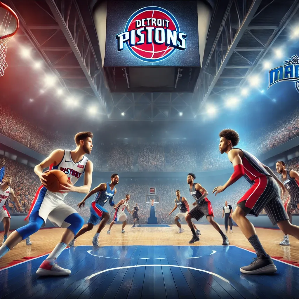 Illustration of an NBA game between Detroit Pistons and Orlando Magic. Players in red, white, and blue uniforms (Detroit Pistons) and black and blue uniforms (Orlando Magic) competing on a brightly lit basketball court in a modern arena.