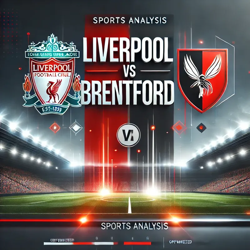 Liverpool vs Brentford match analysis graphic with a football stadium background, glowing lights, and team branding. Modern and professional design for sports insights.