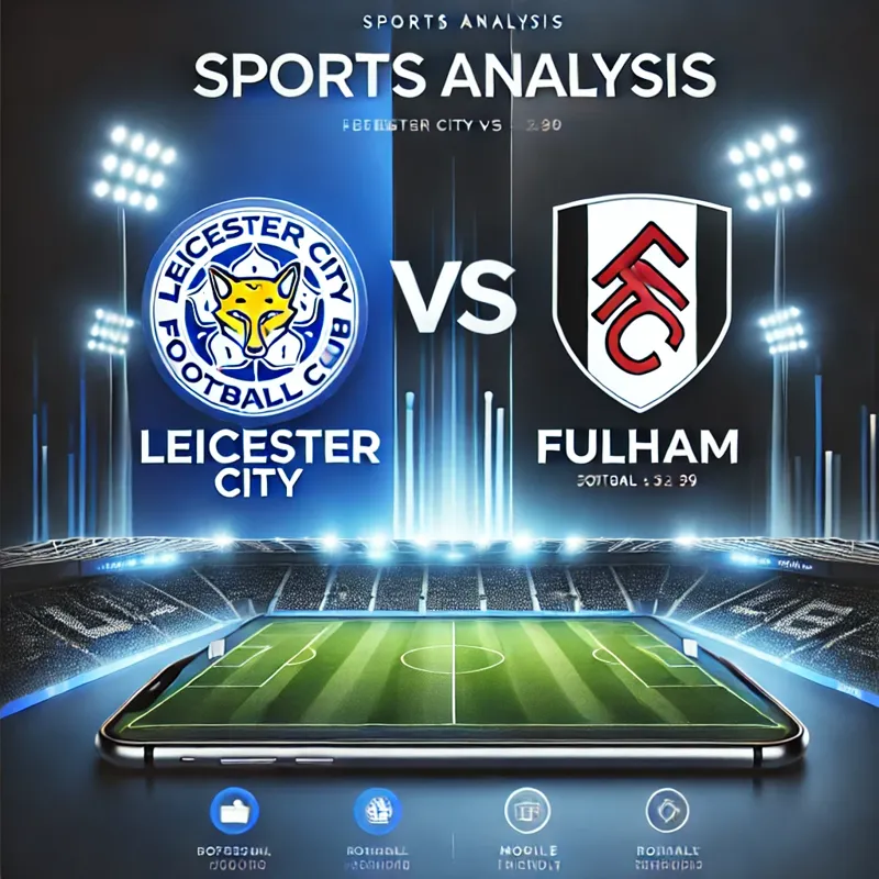 Leicester City vs Fulham match analysis graphic featuring a football stadium background, team colors, and modern typography. Ideal for sports predictions and insights.