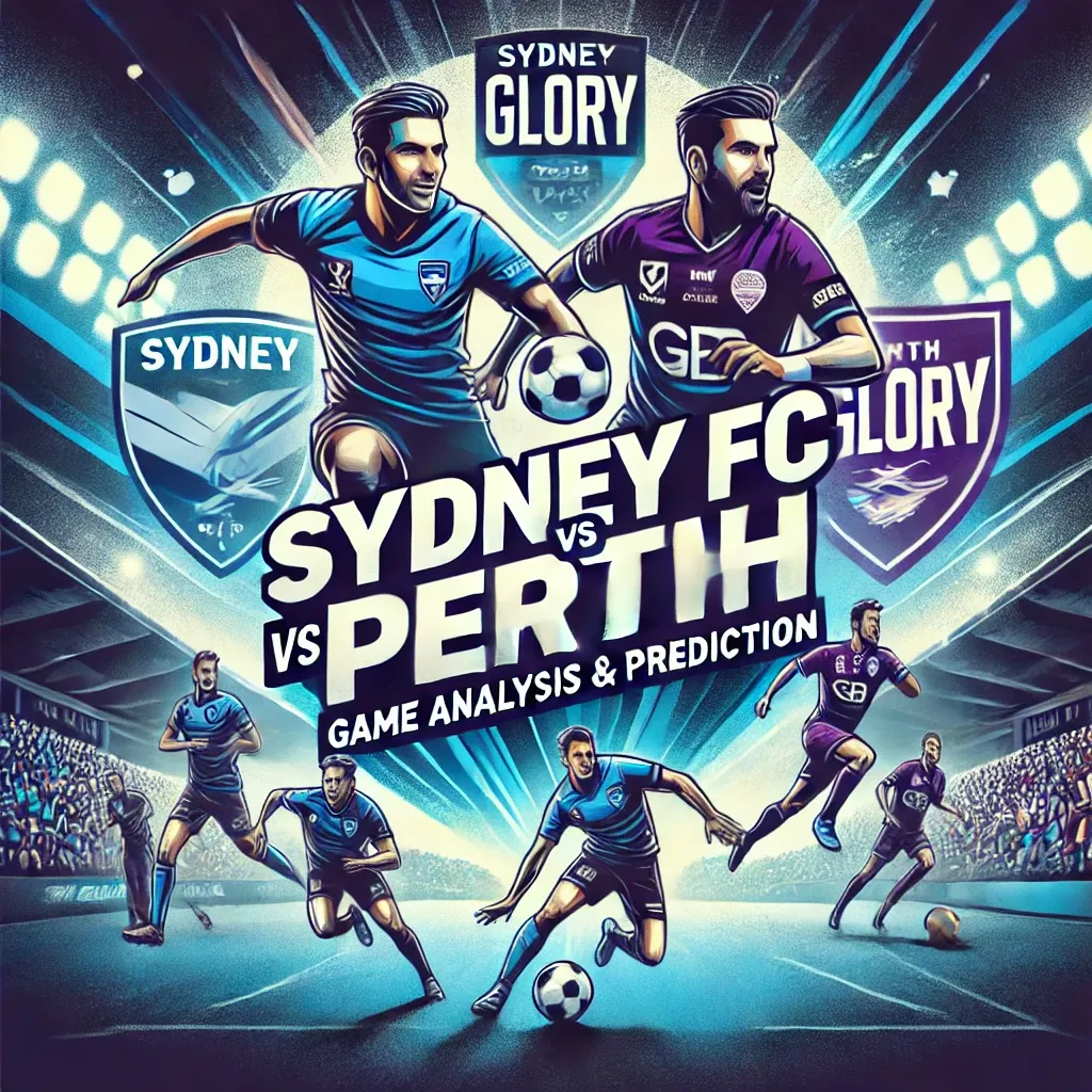 Sydney FC와 Perth Glory 경기 분석 및 예측 포스터. 축구 경기장의 역동적인 액션 장면과 팀 로고가 포함된 이미지, 배경에는 밝은 조명이 비추는 경기장과 열광하는 관중이 등장.