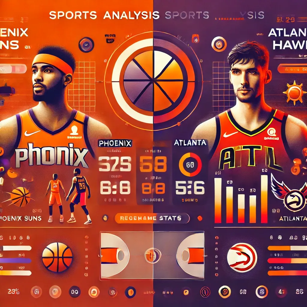 피닉스 선즈와 애틀랜타 호크스 경기 분석. 팀 로고, 선수 통계, 최근 경기 결과, 그리고 농구 코트가 포함된 현대적인 인포그래픽.