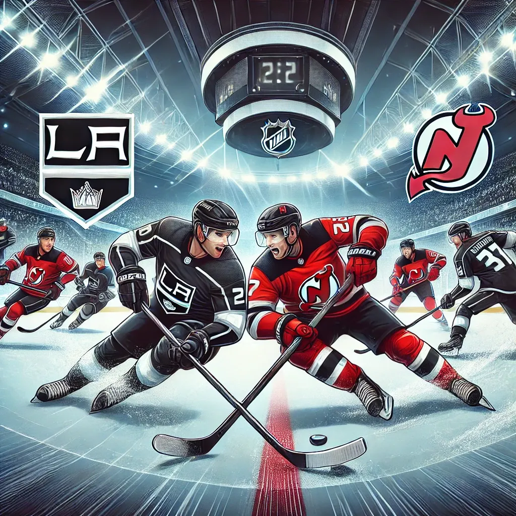 Illustration of an NHL game between the LA Kings and New Jersey Devils. Players in black and silver jerseys (LA Kings) and red and black jerseys (New Jersey Devils) are in action on the ice rink, under bright stadium lights in a modern arena, showcasing the intensity of professional ice hockey.