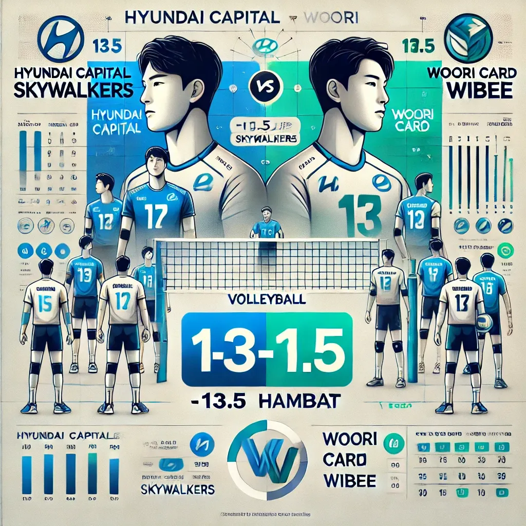 현대캐피탈과 우리카드 배구 경기 분석. 팀 로고, 주요 선수 통계, 현대캐피탈 -13.5 핸디캡 승리를 예측하는 인포그래픽 디자인.