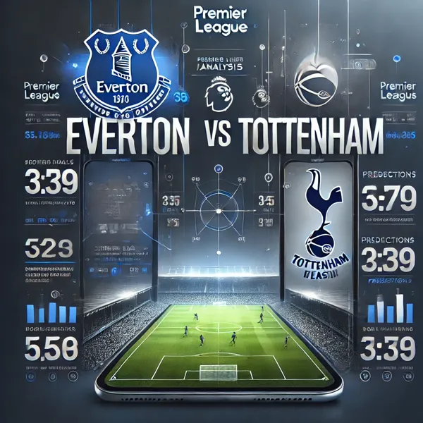 Everton vs Tottenham Premier League match analysis graphic featuring a soccer field background, team logos, and match predictions. Designed for sports insights and articles.