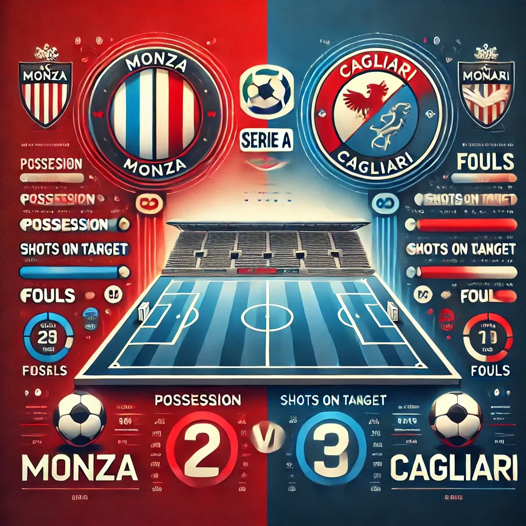 A visually engaging and professional sports graphic design highlighting AC Monza and Cagliari match analysis, featuring key players and strategic insights.