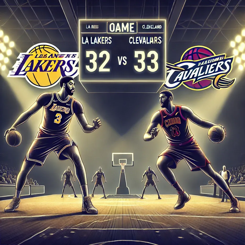 LA Lakers vs Cleveland Cavaliers basketball game analysis featuring players in action, focusing on a big man match-up. The scoreboard displays Lakers 32 and Cavaliers 33 with a dynamic basketball court background.