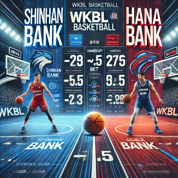 WKBL basketball match analysis graphic for Shinhan Bank vs Hana Bank featuring team logos, a basketball court background, and predictions emphasizing a -5.5 handicap bet for Shinhan Bank. Designed for sports insights and articles.