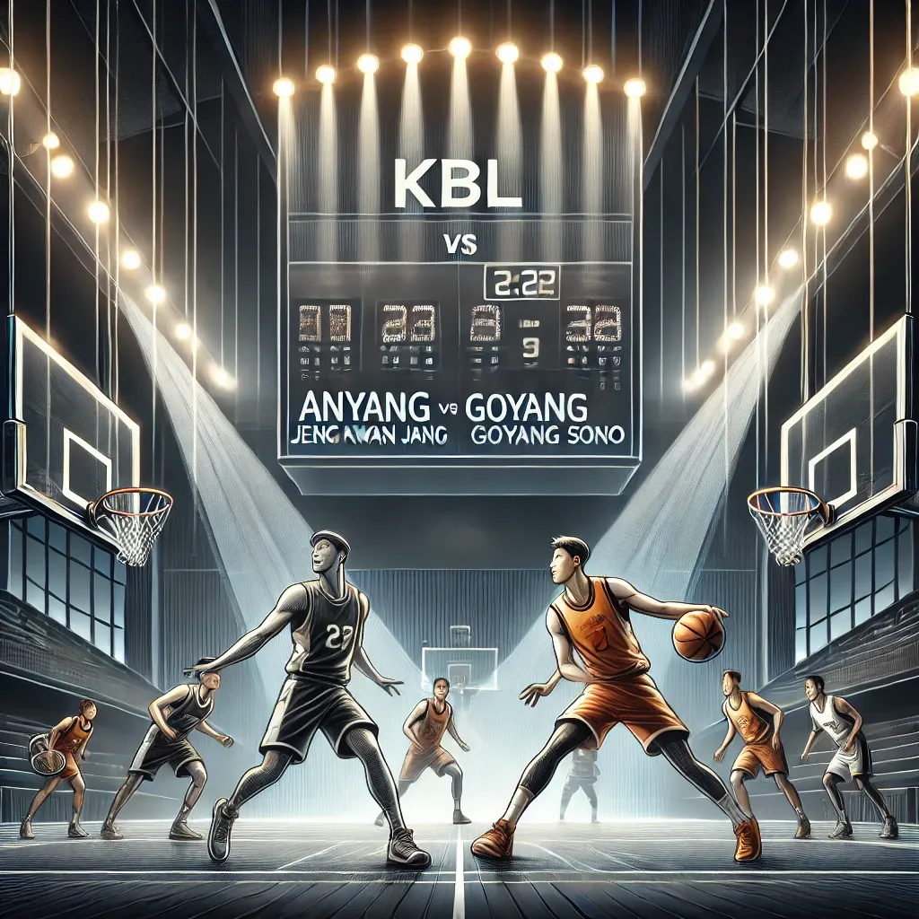 KBL basketball game analysis featuring Anyang Jeong Kwan Jang vs Goyang Sono. The illustration shows players in action on a basketball court with a scoreboard displaying team names and scores, emphasizing a professional and competitive atmosphere.