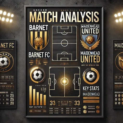 A sleek and professional sports graphic featuring an analysis of the upcoming match between Barnet and Maidenhead, with a focus on team form and key statistics.