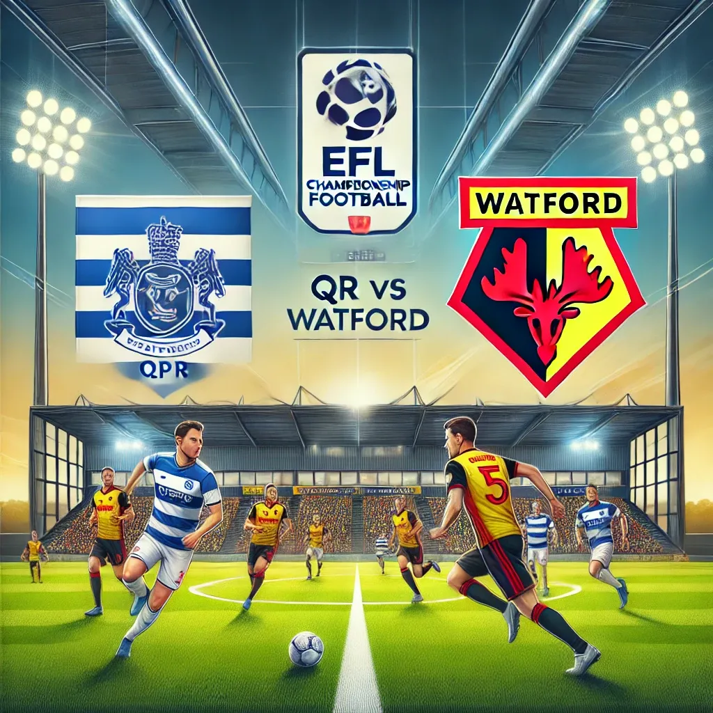 Illustration of an EFL Championship match between QPR and Watford. Players in blue and white kits (QPR) and yellow and red kits (Watford) are in action on a football pitch under bright stadium lights. The scene captures an intense and competitive atmosphere suitable for a sports analysis article.