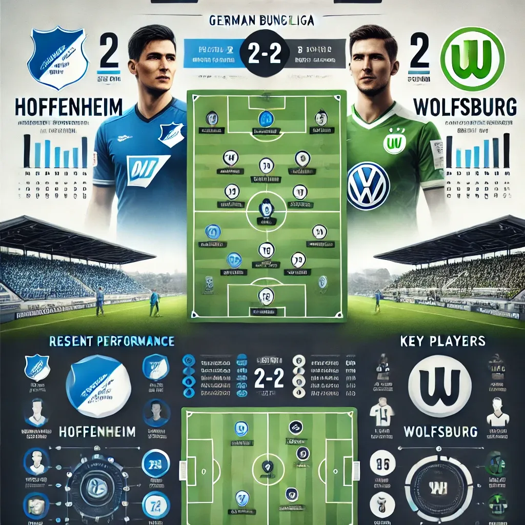 호펜하임 vs 볼프스부르크 경기 분석 인포그래픽 - 분데스리가 경기, 최근 성적, 포지션 매치업, 예상 스코어 2-2