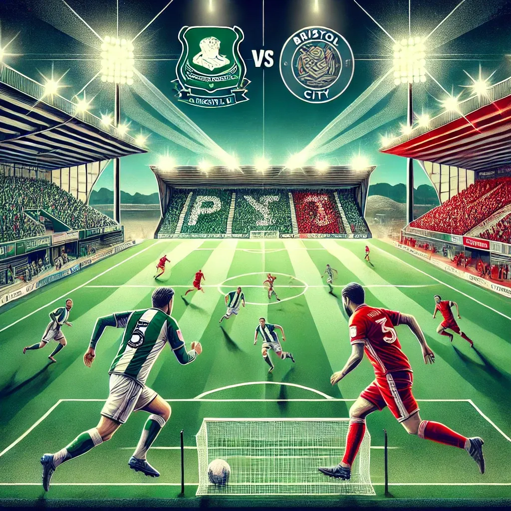 Illustration of a football match between Plymouth Argyle and Bristol City. The image shows players in action on a vibrant football pitch with a modern stadium background, representing a competitive and dynamic atmosphere under bright stadium lights.