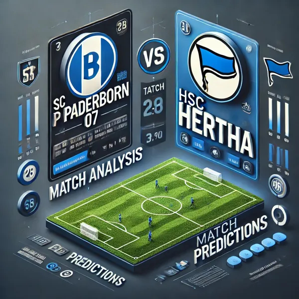 SC Paderborn 07 vs HSC Hertha Berlin soccer match analysis graphic with a soccer field background, team logos, and match predictions. Designed for sports articles and insights.